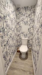 La salle de bains est pourvue de toilettes blanches et de papier peint. dans l'établissement Studio sur patio au coeur des Chartrons, à Bordeaux