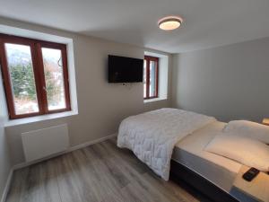 a bedroom with a bed and a flat screen tv at Appartement Autrans-Méaudre en Vercors-Autrans, 4 pièces, 6 personnes - FR-1-737-79 in Autrans