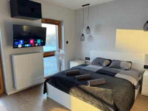 a bedroom with a large bed with a flat screen tv at Old Town Nadmotławie - Sauna & Gym I 10min deptak in Gdańsk