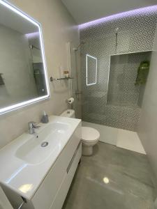 W łazience znajduje się umywalka, toaleta i lustro. w obiekcie Aptos Estación Norte y Sur FAMORCAS w mieście Almodóvar del Río