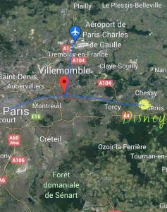 une carte d'une ville avec un marqueur rouge dans l'établissement Bel appartement proche de Paris, à Villemomble