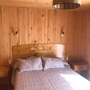 een slaapkamer met een bed met een houten muur bij Comoda Cabaña en Pichilemu in Pichilemu