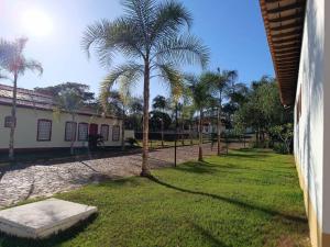 a yard with palm trees in front of a building at Casa Tanure in Pirenópolis