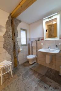 een badkamer met een wastafel, een toilet en een spiegel bij Ferienwohnung Türmerwohnung in Öhringen