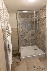 eine Dusche mit Glastür im Bad in der Unterkunft Ferienwohnung Türmerwohnung in Öhringen