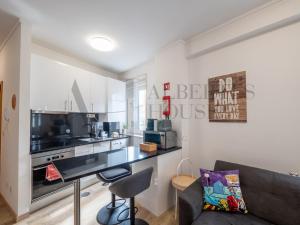 Alberti's House Oporto Central Apartment في بورتو: غرفة معيشة مع أريكة ومطبخ