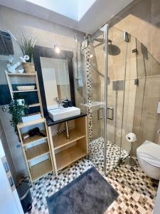 y baño con lavabo y ducha. en Gemütliches Apartment im Zentrum en Augsburg