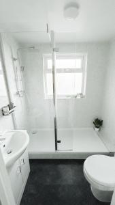a bathroom with a shower and a toilet and a sink at Sandy Shores Holiday Home in Cleethorpes