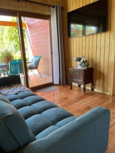 a living room with a blue couch and a chair at Comodidad y hermosa vista volcán in Melipeuco