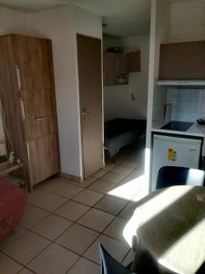 a living room with a kitchen and a room with a refrigerator at Appartement in Lamalou-les-Bains