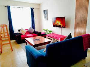 a living room with two couches and a fireplace at Cozy Haven in Nanyuki