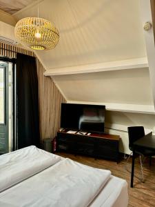 a bedroom with a bed and a television and a chandelier at Casa Sophie in Giethoorn