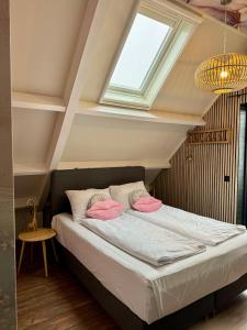 a bedroom with a bed with pink pillows on it at Casa Sophie in Giethoorn