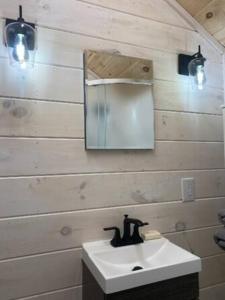een badkamer met een wastafel en een spiegel bij Cottage Core Farmstay @ the TINY HOME in Trenton