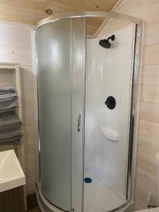 een douche met een glazen deur in de badkamer bij Cottage Core Farmstay @ the TINY HOME in Trenton