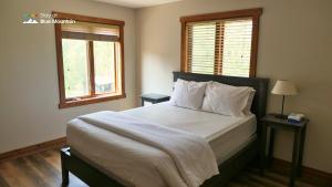 a bedroom with a bed with white sheets and two windows at 109 Plater St in Blue Mountains