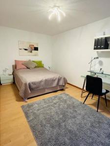 a bedroom with a bed and a desk and a chair at Cozy in heart of "Viertel" in Bremen