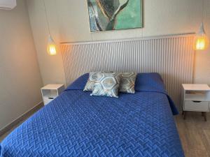 1 dormitorio con 1 cama azul y 2 almohadas en Dominique, Jacuzzi privado de lujo Departamento exclusivo, en Cartagena de Indias
