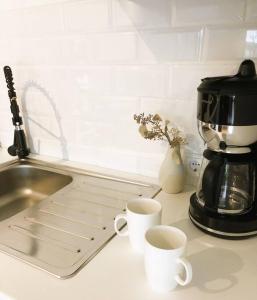 a kitchen counter with two cups and a coffee maker at MILANA Naturpanorma, ruhig & familienfreundlich in Winterberg