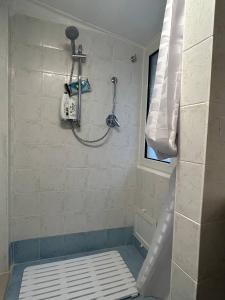 bagno con doccia e tenda doccia di b&b Brupier a Ruvo di Puglia