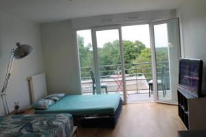 Camera con letto e balcone con porta scorrevole in vetro. di Beau apartment Châtenay-Malabry a Châtenay-Malabry