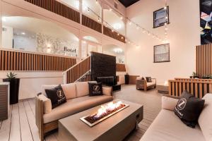 a lobby with couches and a fireplace in a store at Hotel Zindel in San Diego