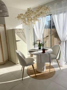 una sala da pranzo con tavolo e sedie di La Gabriela a Tournon-sur-Rhône