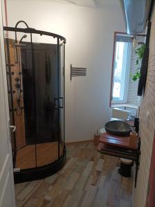 La salle de bains est pourvue d'une douche et d'une cabine de verre. dans l'établissement Marguerite, à Bussang