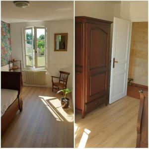 twee foto's van een kamer met een bed en een deur bij Une halte au beau Millet in Coutras