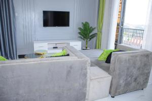 a living room with two couches and a tv at Cozy Oasis in Kampala