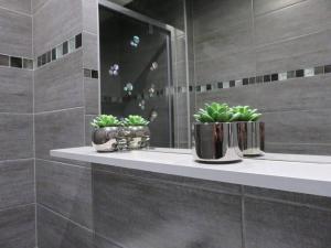- une salle de bains avec 2 plantes en pot sur un lavabo dans l'établissement Le Bogolan ~ Cosy & Design, à Clermont-Ferrand