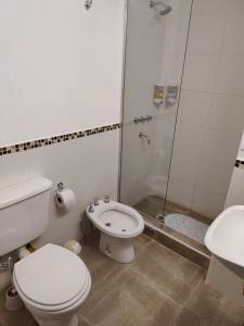 a bathroom with a toilet and a shower and a sink at La Merced Apart in Córdoba