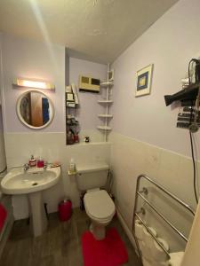 uma casa de banho com um WC branco e um lavatório. em Cozy bedroom in well equipped apartment em Leatherhead