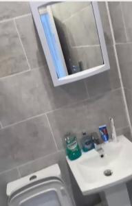 ein Badezimmer mit einem WC, einem Waschbecken und einem Spiegel in der Unterkunft BLESSED HOME in Bolton
