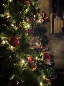 Un árbol de Navidad con adornos y luces. en La Maison de Paul en Aubrac - Lozère, en Fontans