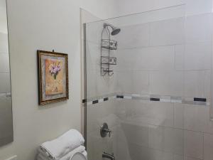 a bathroom with a shower with a toilet and a sink at Cozy one bedroom at perkins in Kingston