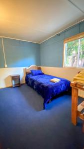 a bedroom with a bed with blue sheets and a window at Cabaña tío Poly in Chile Chico