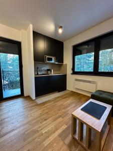 a living room with black cabinets and a table at Sofija Apartman Zlatibor in Zlatibor +11 photos