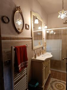 a bathroom with a sink and a shower and a mirror at B & V HOME in Montemerano