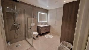 a bathroom with a shower and a toilet and a sink at A Modern Home in Nature's Embrace in Tromsø +20 photos