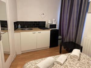 eine kleine Küche mit einem Waschbecken und ein Bett in einem Zimmer in der Unterkunft Studio Paris 14 in Paris