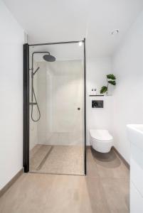 eine Dusche mit Glastür im Bad in der Unterkunft Apartment in Greenland, Oslo in Oslo
