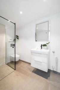 y baño con aseo, lavabo y espejo. en Apartment in Greenland, Oslo, en Oslo