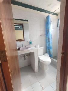 萊瓦鎮的住宿－ABI HAPPY，一间带卫生间、水槽和镜子的浴室