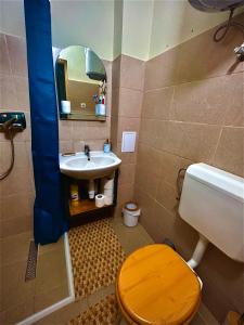 uma casa de banho com um lavatório, um WC e um espelho. em ROOR Top Nest 3 em Gheorgheni