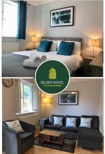 ein Schlafzimmer mit einem Bett und ein Wohnzimmer in der Unterkunft Delight Marvel - Cades Place in Maidstone