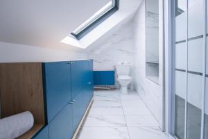 ein Badezimmer mit einem WC und einem blauen Schrank in der Unterkunft Le Champs-Elysees - Cité universitaire Paris 14 in Gentilly