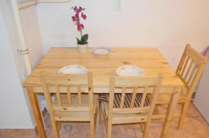 una mesa de comedor de madera con sillas y una planta en Riverside Danube Guest House, en Budapest