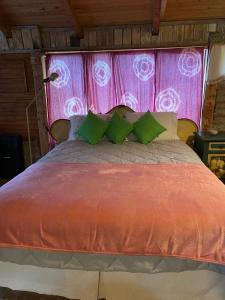 a bedroom with a large bed with a pink curtain at BAJO EL ÑIRE in San Carlos de Bariloche