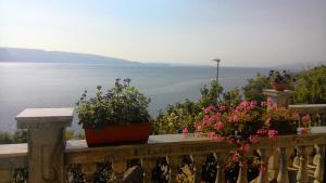 a balcony with potted plants and a view of the water at Apartment and Rooms Busa 3 in Senj +8 photos